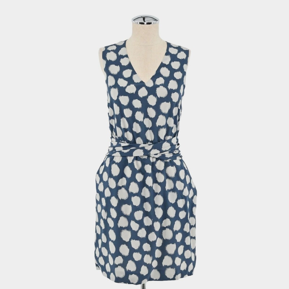 Theory Ruchia Silk Dress Womens 6 Ikat Dot Sleeveless Blue Cream Stretch Modern
